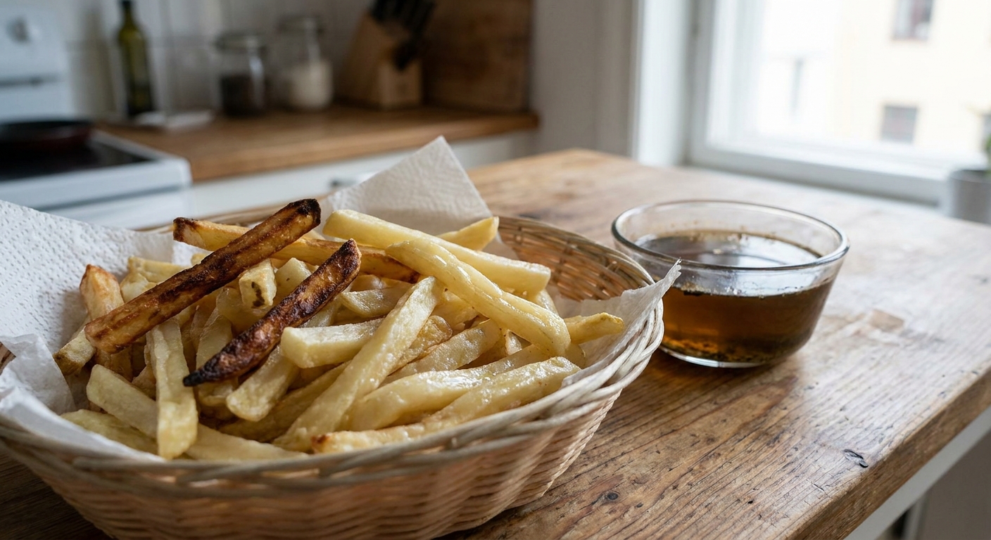Nejhorší mražené hranolky ze supermarketu. Po upečení jsou blátivé a plné přepáleného tuku
