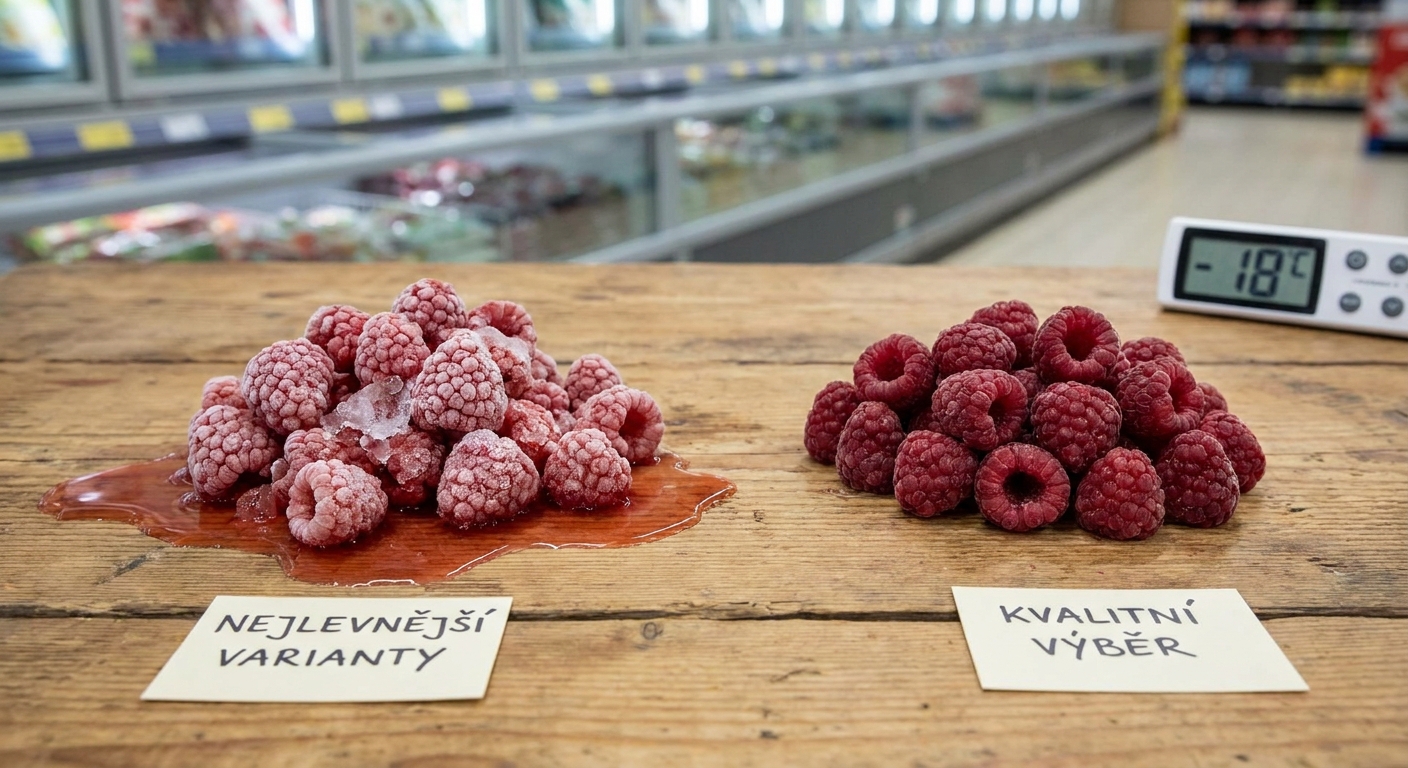 Nejhorší mražené maliny ze supermarketu. Po rozmrazení z nich zbude jen kyselá břečka bez barvy