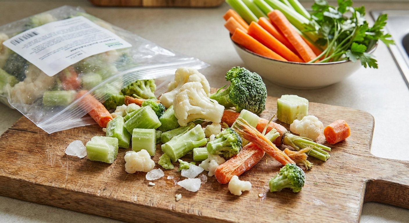 Nejhorší mražená zelenina do polévky. V sáčku najdete víc ledu a košťálů než skutečné chuti