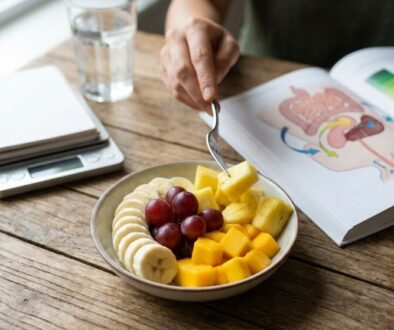 Person studying at a wooden table with an open anatomy book, a glass of water, a notebook, and a bowl of fresh fruit (banana slices, grapes, mango, pineapple).