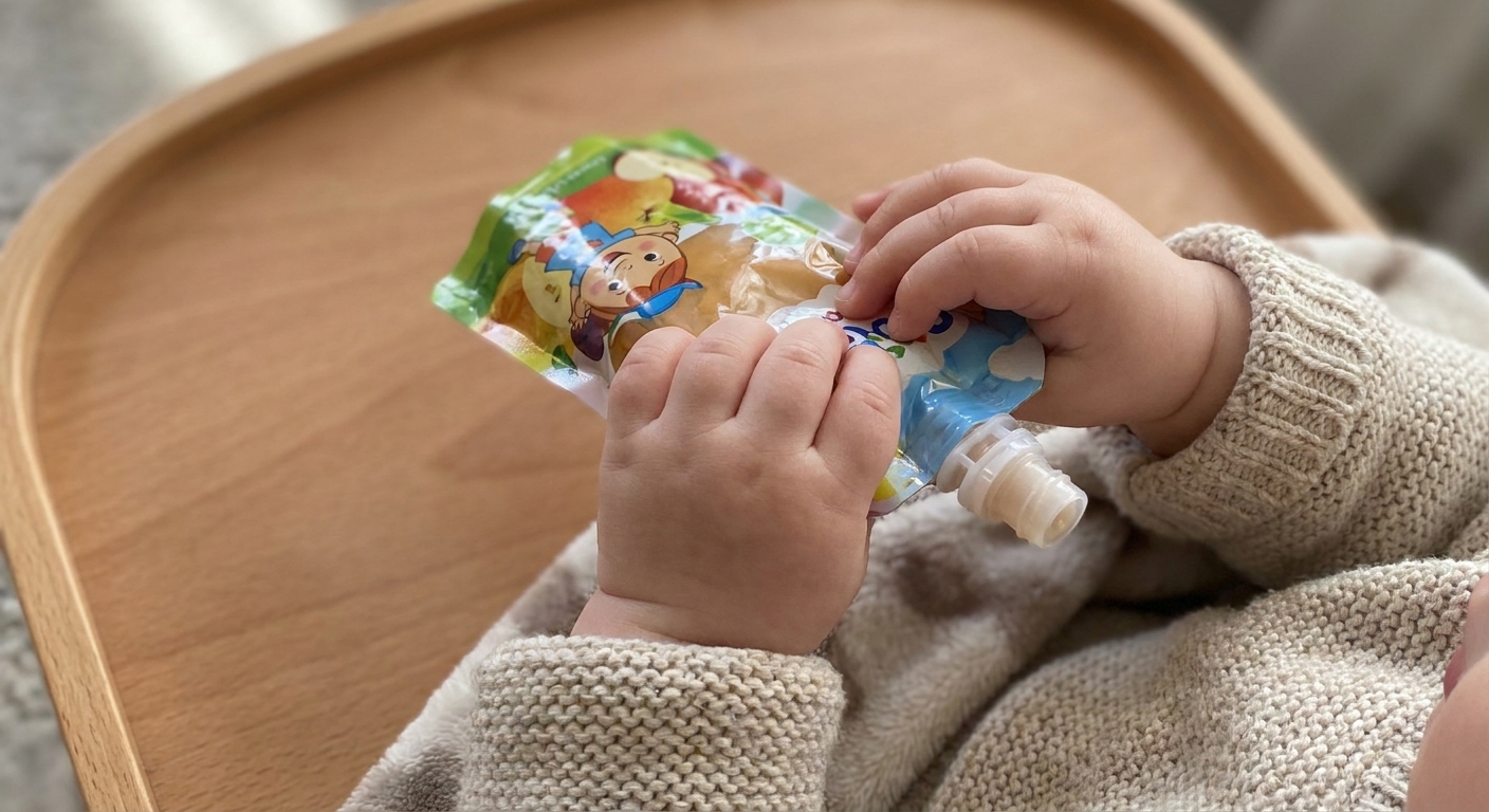 Baby's hands squeeze a colorful pouch of baby food on a wooden tray.