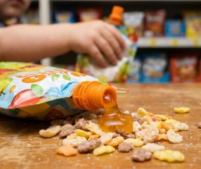 Child's hand tilts a colorful snack pouch to spill fruit-shaped gummies onto a wooden table.