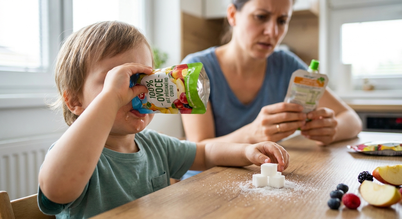 Nejhorší ovocná kapsička pro nejmenší. Reklama slibuje zdraví, ale uvnitř je hlavně cukr a voda