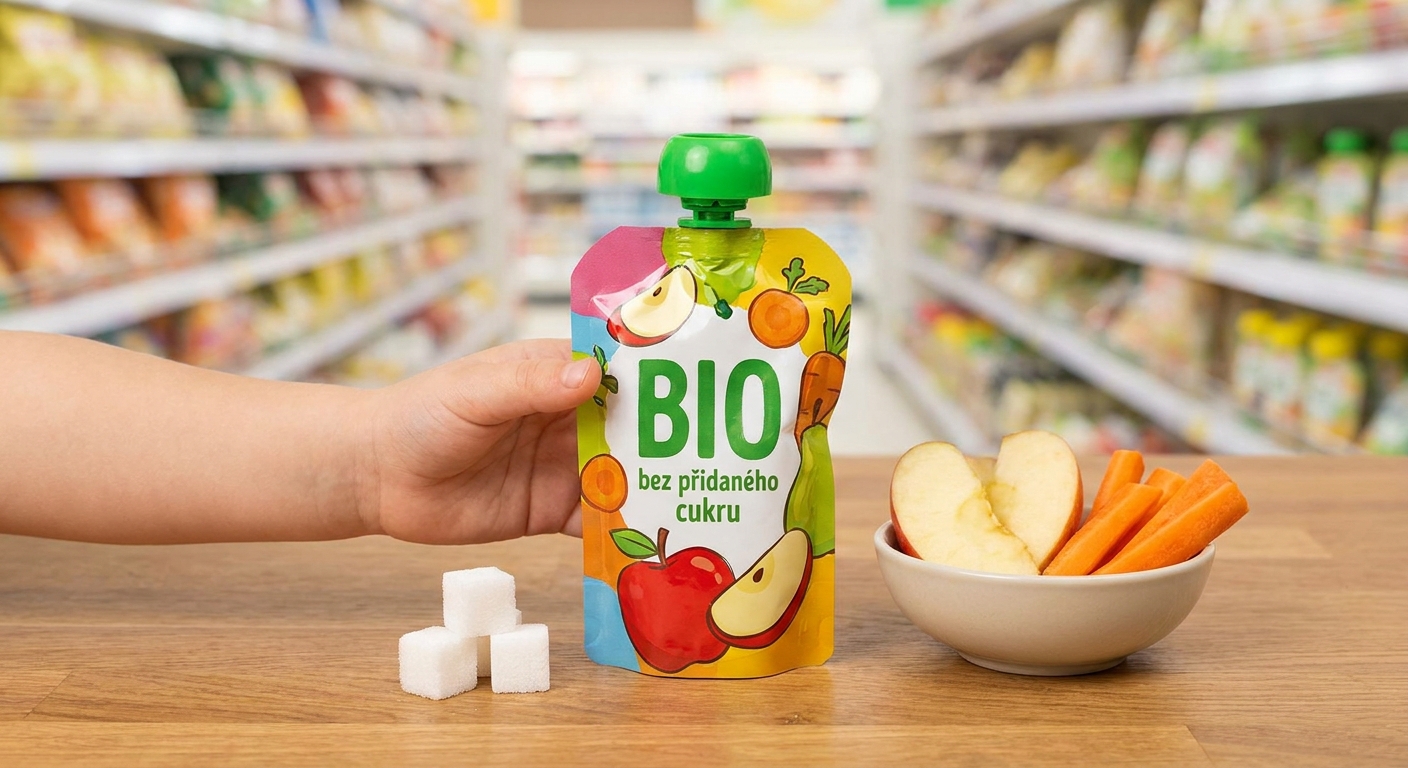 Nejhorší ovocná kapsička pro nejmenší. Reklama slibuje zdraví, ale uvnitř je hlavně cukr a voda