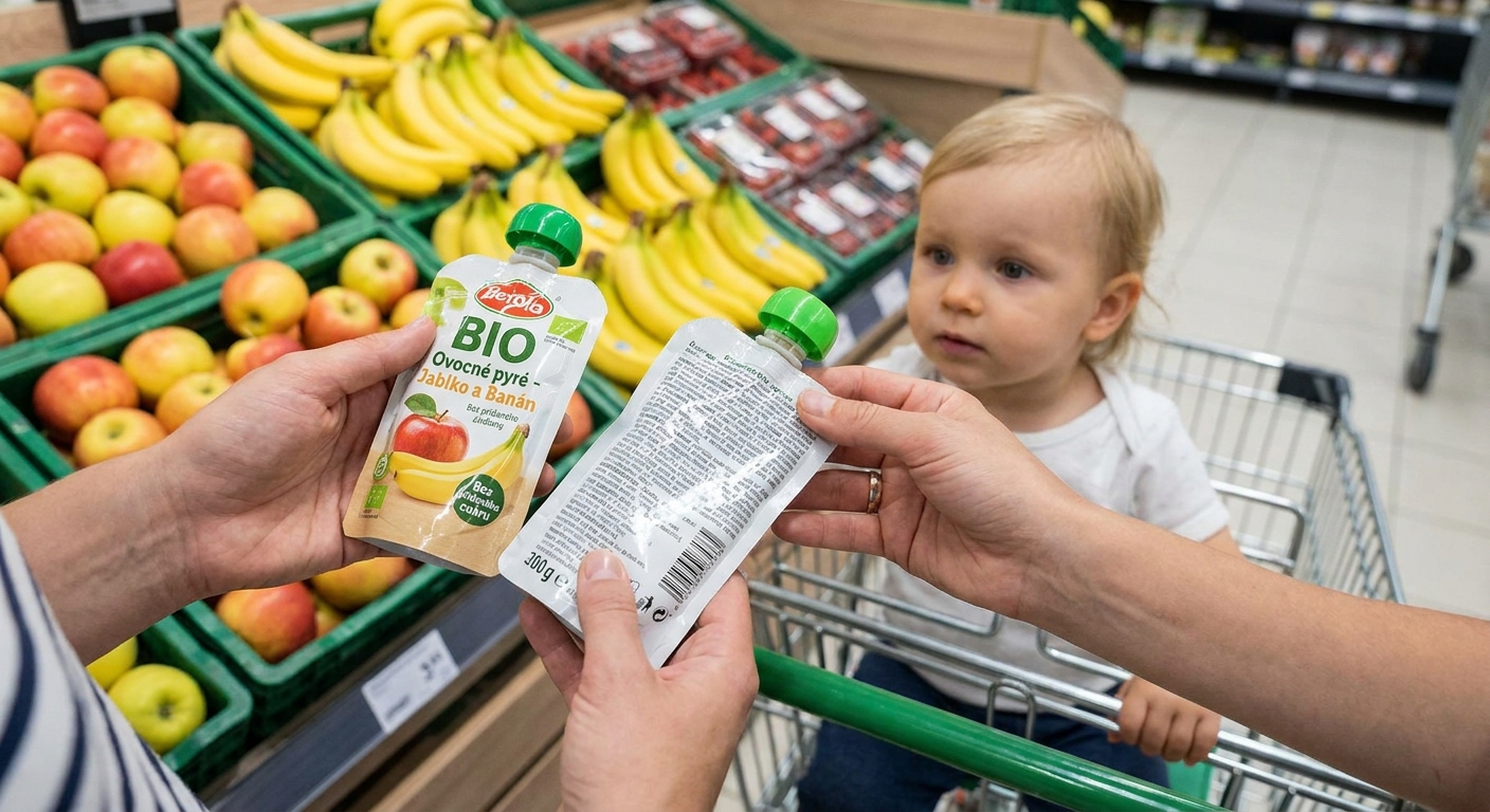 Nejhorší ovocná kapsička pro nejmenší. Reklama slibuje zdraví, ale uvnitř je hlavně cukr a voda