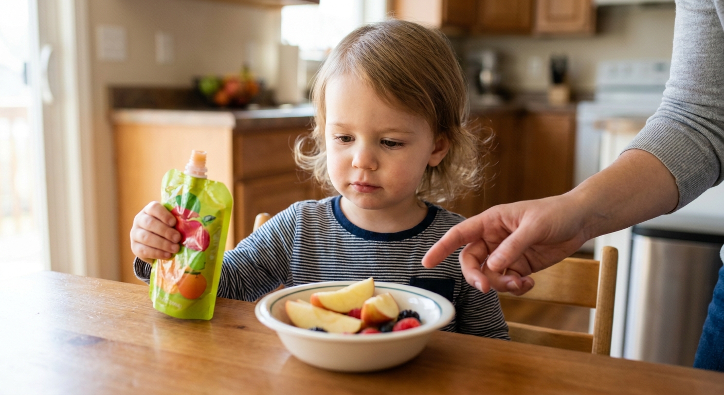 Nejhorší ovocná kapsička pro nejmenší. Reklama slibuje zdraví, ale uvnitř je hlavně cukr a voda