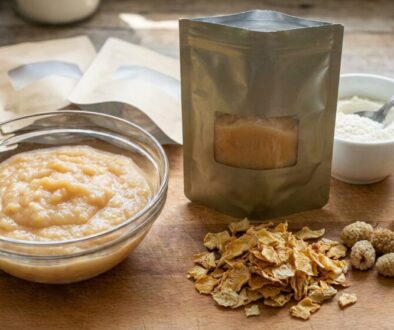 A DIY baby-food prep scene on a wooden board: a glass bowl of smooth purée, a metallic pouch with a window showing its contents, dried cereal-like flakes, small white berries, and a dropper bottle of oil beside a white bowl.