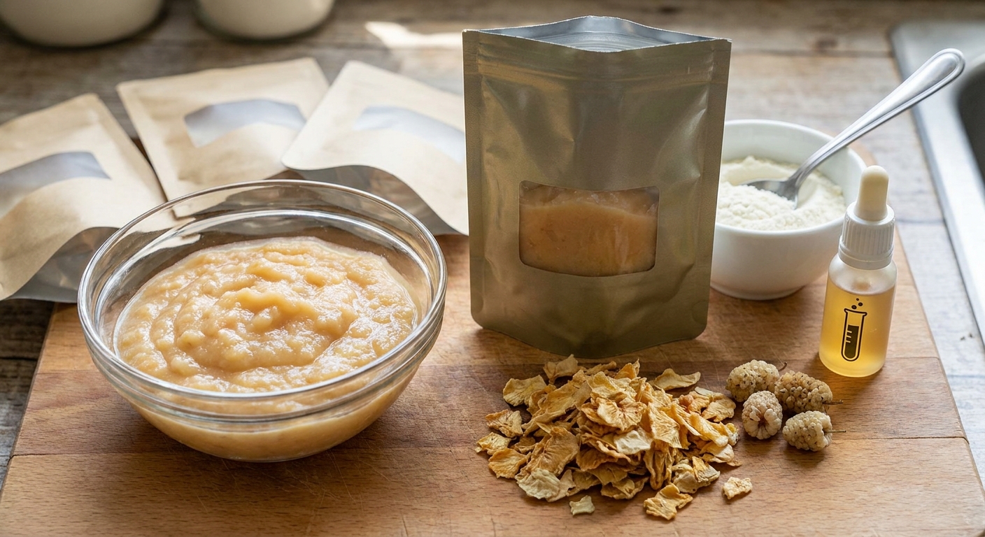 A DIY baby-food prep scene on a wooden board: a glass bowl of smooth purée, a metallic pouch with a window showing its contents, dried cereal-like flakes, small white berries, and a dropper bottle of oil beside a white bowl.