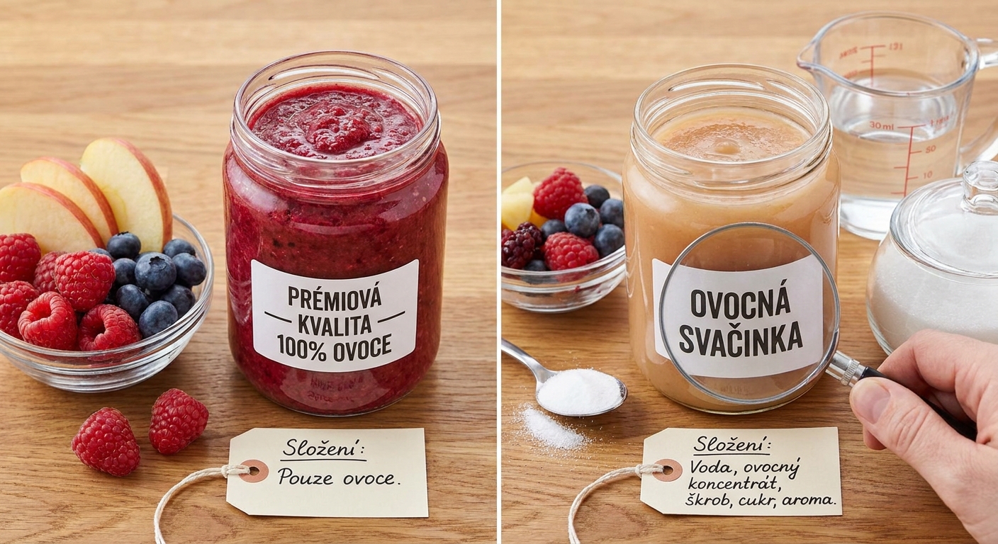 Nejhorší ovocná přesnídávka pro nejmenší. Reklama slibuje vitamíny, ale uvnitř je hlavně škrob a aroma