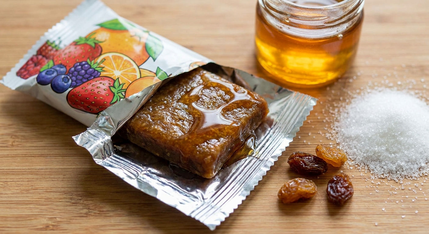 Open fruit snack bar on a foil wrapper with a drizzle of syrup, next to a jar of honey, sugar granules, and raisins on a wooden surface