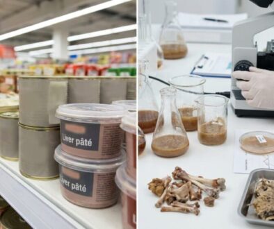 Canned liver pâté on a grocery shelf (left) and a lab bench with a microscope, beakers, and gloved hands (right).