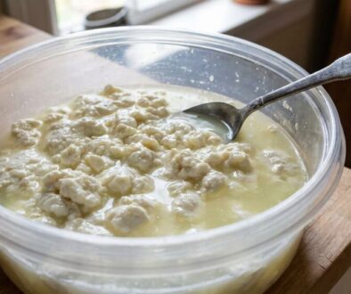 Plastic container on a wooden counter filled with cottage cheese curds in whey, with a silver spoon resting inside.