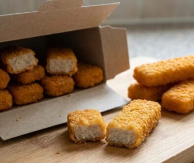 Open cardboard box of breaded chicken nuggets with several pieces inside; a few nuggets sit on a wooden board nearby.