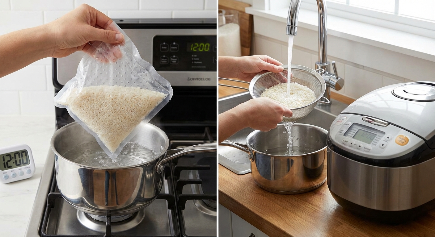 Nejhorší sáčková rýže ze supermarketu. Vypadá prakticky, ale po uvaření jíte směs plnou mikroplastů