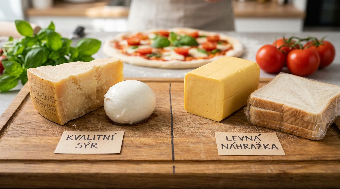 Nejhorší sýr na pizzu ze supermarketu. Vypadá jako mozzarella, ale po upečení chutná jako plastová guma