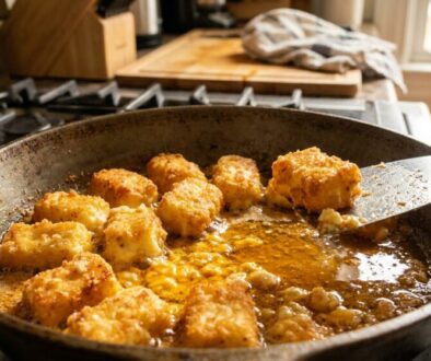 Cast-iron skillet on a stove with golden fried chicken pieces simmering in a brown sauce; a spatula rests inside the pan.