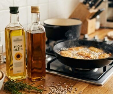 Skillet on a gas stove sizzling with oil, nearby are potatoes, a rosemary sprig, and two oil bottles on a wooden counter.