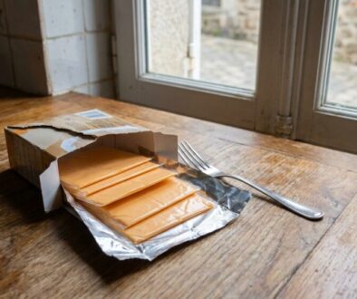 Open box of individually wrapped cheese slices spilling onto a wooden kitchen table, with a fork nearby by the window.