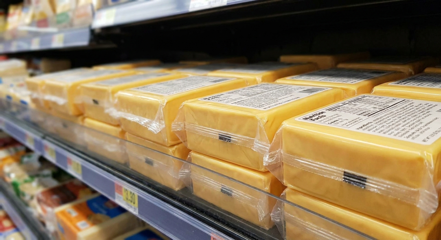 Blocks of yellow cheese wrapped in plastic on a supermarket shelf, close view of packaging and price tags nearby.