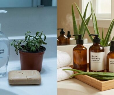 Split image: left shows antibacterial liquid hand soap, a small potted plant, and a cracked bar of soap on a sink; right shows brown pump bottles labeled Gentle Hydrating Cleanser and Nourishing Hand Cream with a plant, towel, and wooden tray.