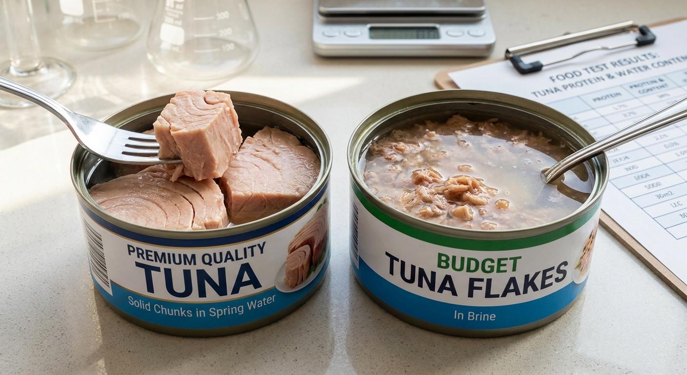 Nejhorší tuňák v konzervě. Vypadá jako celistvé maso, ale uvnitř je jen drť a hodně slané vody