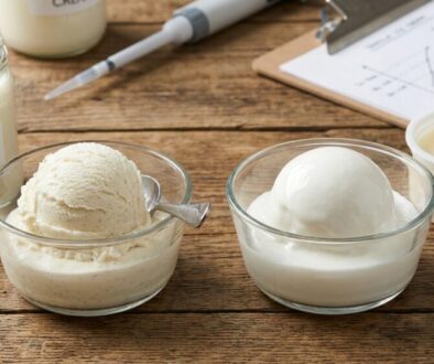 Two glass bowls with scooped ice cream on a wooden table, with jars labeled Real Cream and Palm Oil nearby.