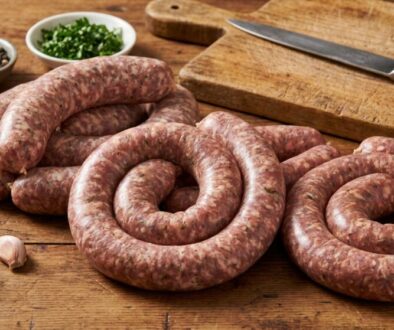 Coiled raw sausages on a wooden countertop with garlic, herbs, and a knife nearby on a cutting board.