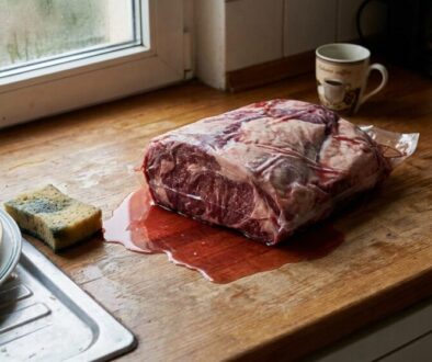Raw beef roast in a plastic bag on a wooden kitchen counter with red juices pooling underneath, sponge and dishes nearby by the sink.