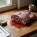 Raw beef roast in a plastic bag on a wooden kitchen counter with red juices pooling underneath, sponge and dishes nearby by the sink.