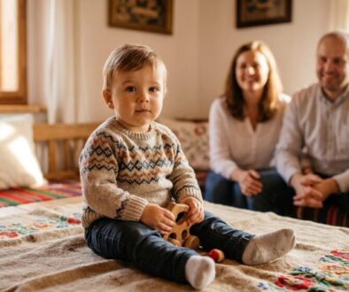 Young child sits on a patterned rug in a cozy living room, with parents smiling in the background.