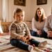 Young child sits on a patterned rug in a cozy living room, with parents smiling in the background.