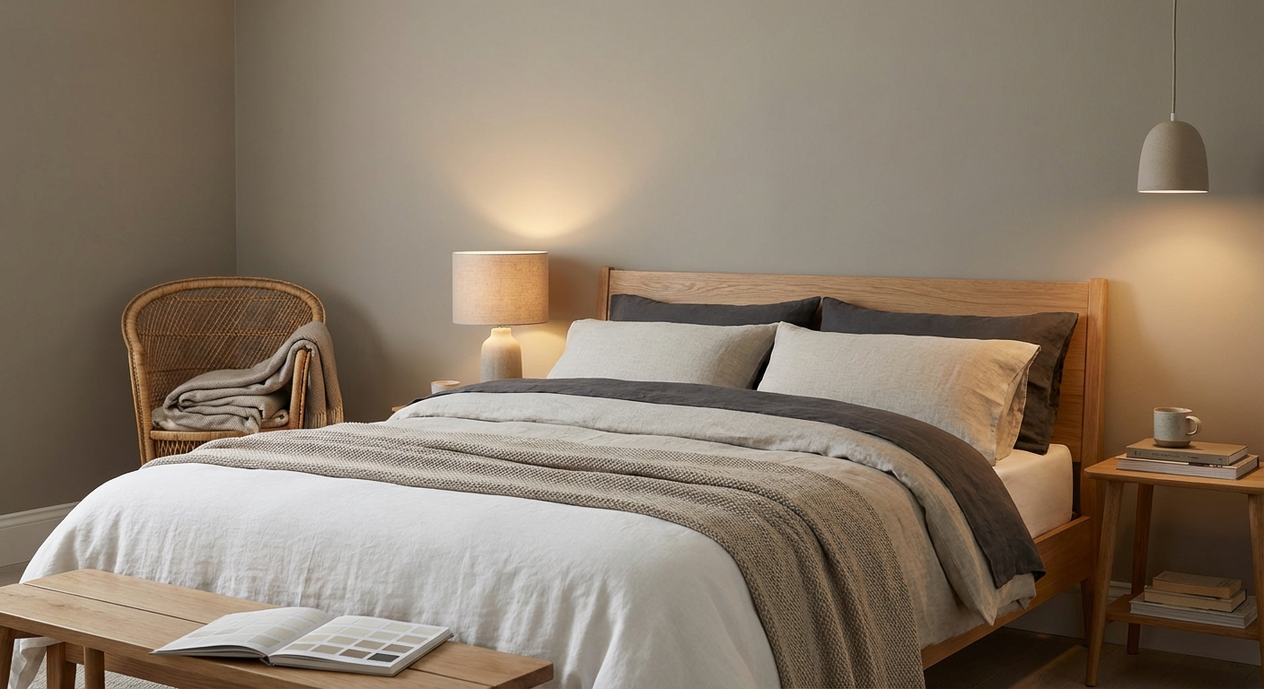 Inviting bedroom featuring soft lighting, plush pillows, and adorable stuffed toys for a cozy ambiance.