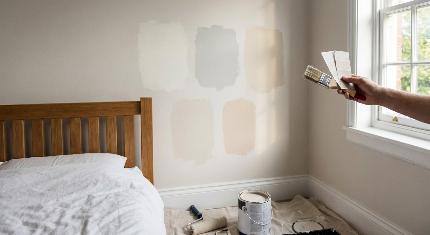 Modern bedroom interior with bed and bedside tables with lamps and pouf next to mirror and window with curtains