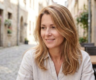 Woman with light brown hair smiling, seated at an outdoor cafe along a cobblestone street with flower pots nearby.