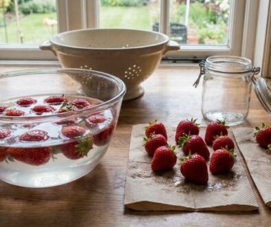 Strawberries being rinsed in a glass bowl of water on a kitchen counter, with drying berries on napkins nearby and a jar in the background.