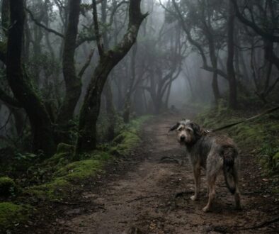 Scruffy dog on a muddy forest path, surrounded by mossy trees in dense fog, looking back toward the camera with a leash trailing to the right.