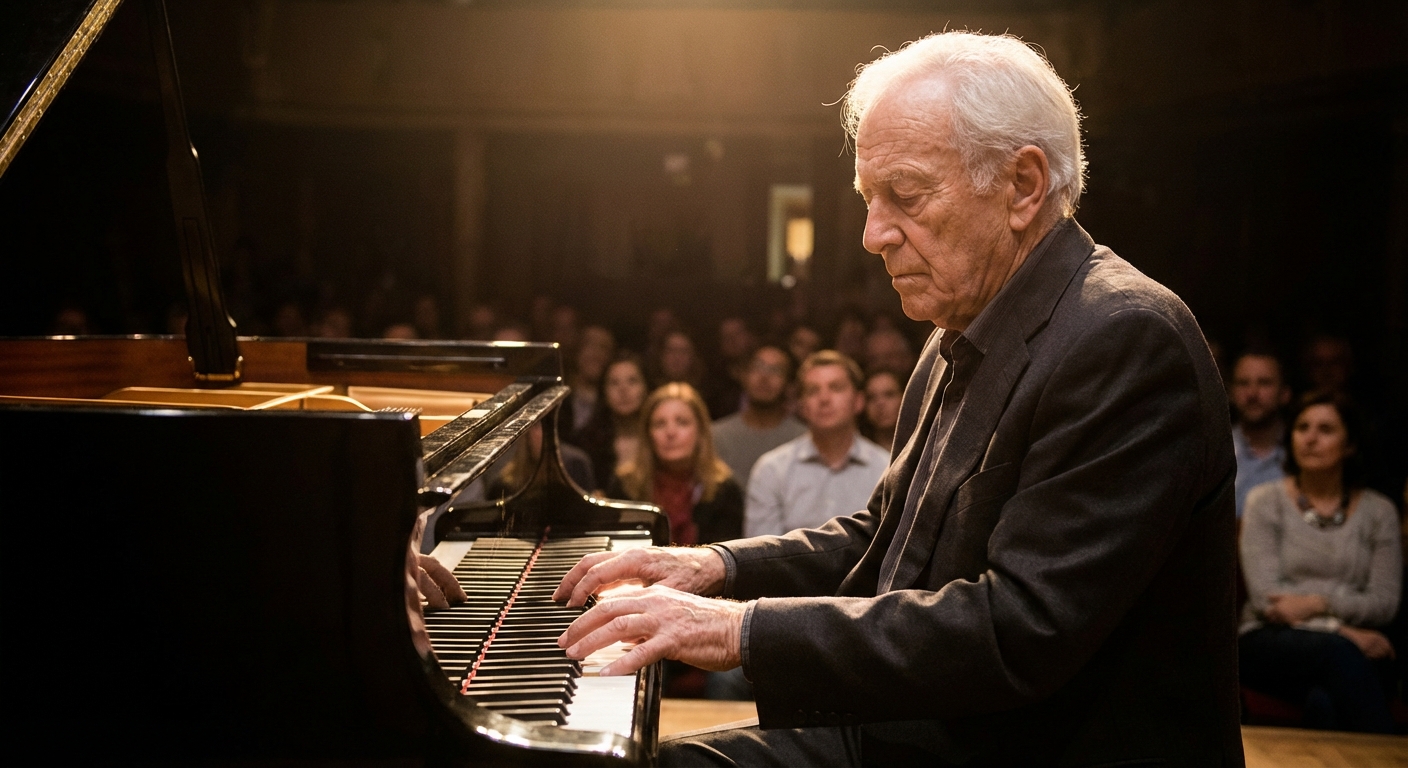 A woman plays a grand piano inside a rustic room with an observer nearby, creating an intimate musical setting.