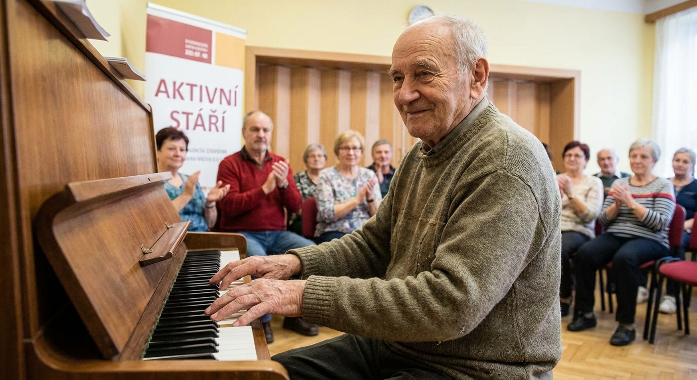 Musician performing on a street with an upright piano, engaging passersby.