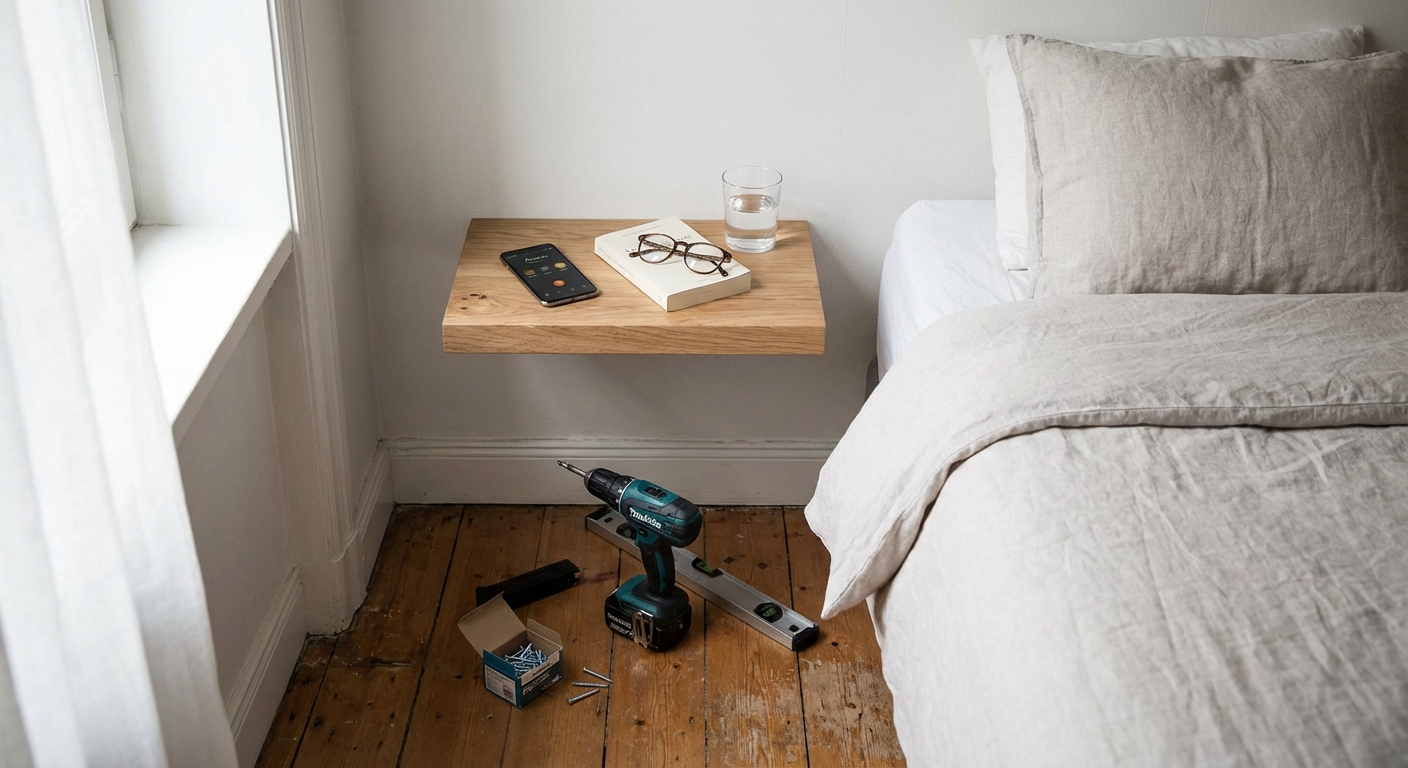 Wooden nightstand and empty shelves near comfortable bed with cushions in modern apartment