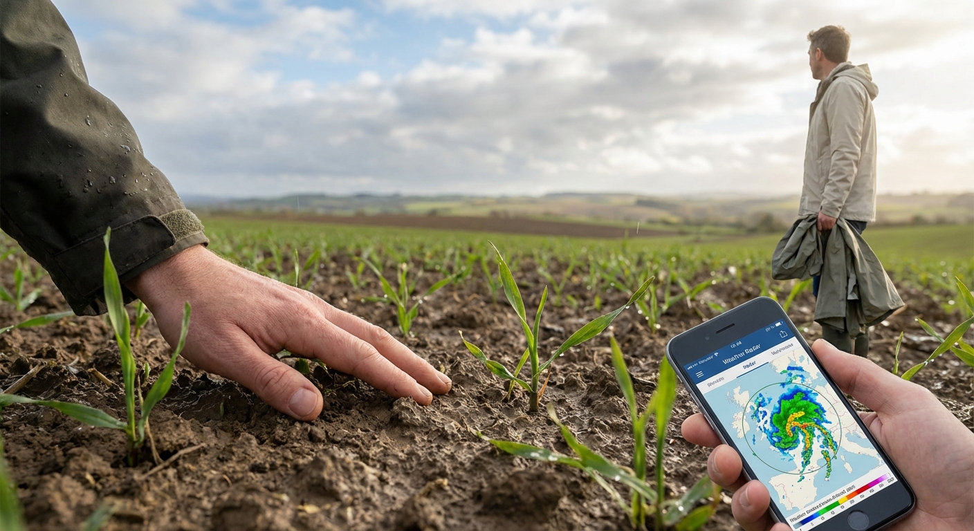 Sunlight breaks through clouds over misty mountains and coniferous forests in Austria during a summer rain.