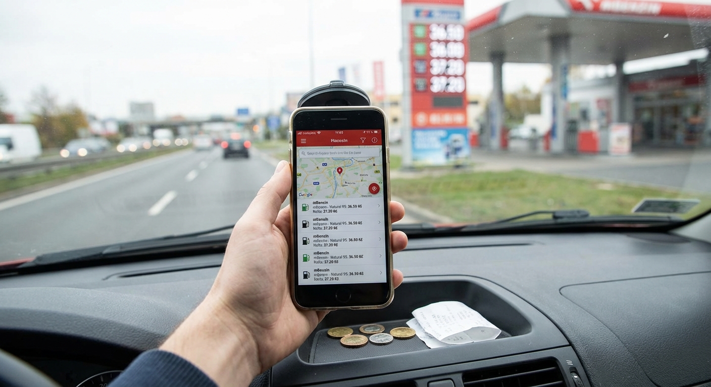 A person refuels a red car at a gas station at night, illuminated signs and lights.