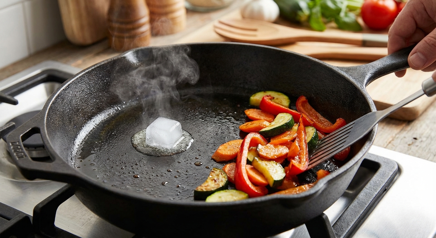 Chef seasoning a vegetable stir fry in a pan with fresh herbs on a stove.