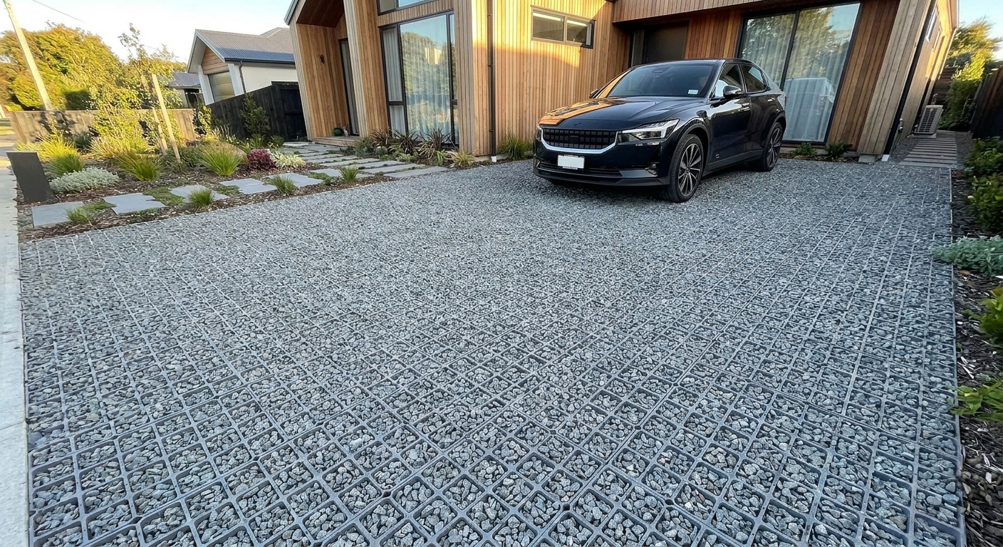 Black SUV parked on a geometric grid-paver driveway in front of a modern wooden house with minimalist landscaping on the left.