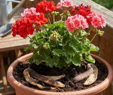 Geranium plant with red and pink blossoms in a terracotta pot on a wooden deck, with a watering can and garden tool in the background.
