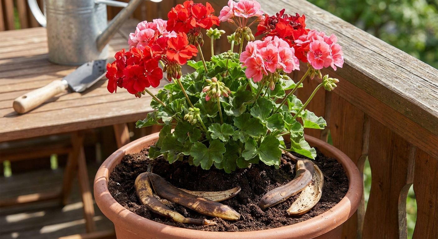 Geranium plant with red and pink blossoms in a terracotta pot on a wooden deck, with a watering can and garden tool in the background.