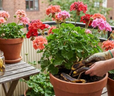 Gardener pruning a geranium in a large terracotta pot on a balcony; banana peels soak in a jar on a wooden table nearby.