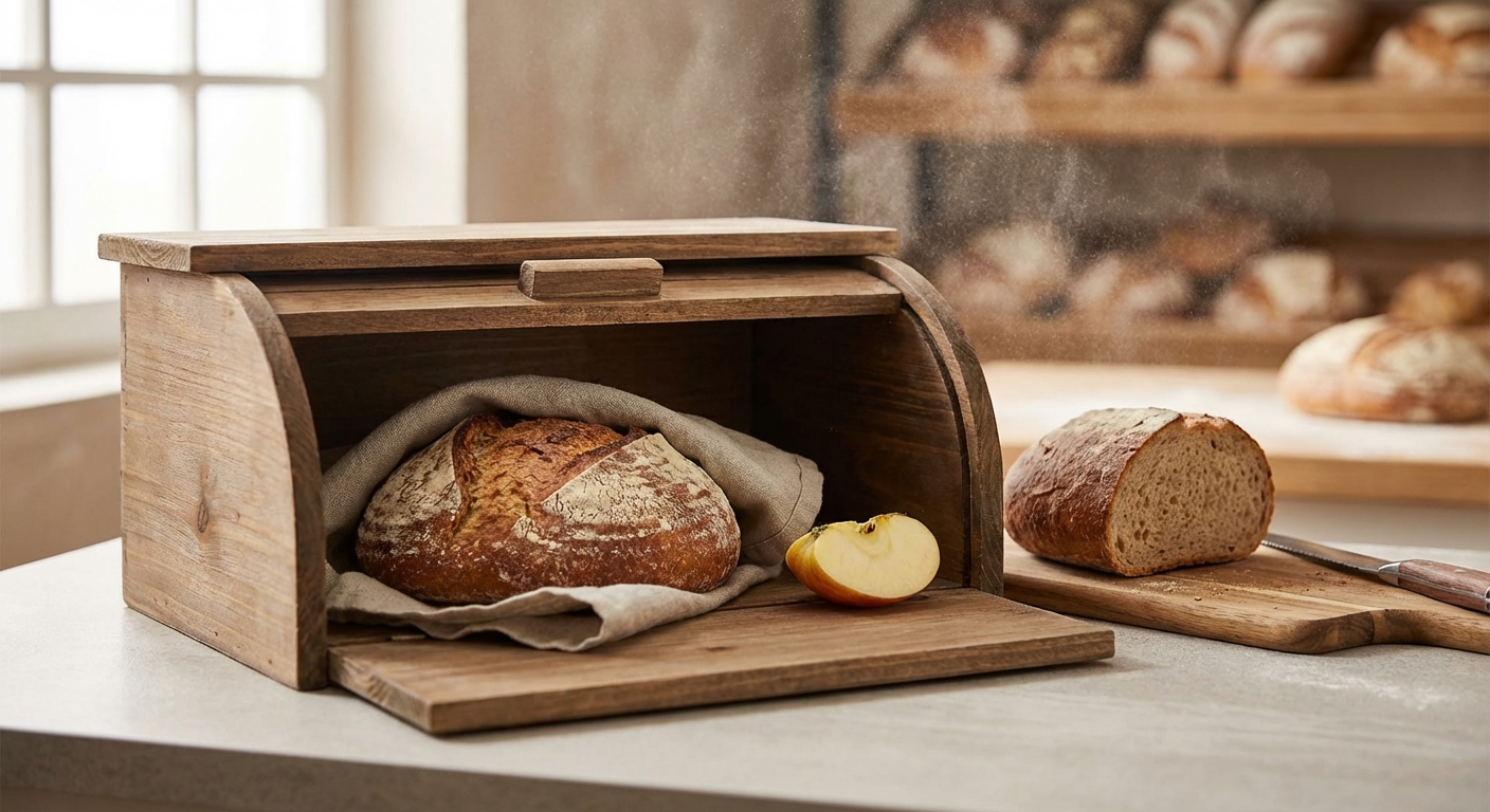 Detailed close-up of a fresh baguette wrapped in crumpled paper on a wooden surface.
