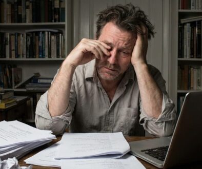 Man sits at a cluttered desk with papers and a laptop, holding his head in frustration.
