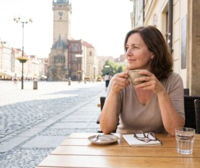 Woman sipping coffee at an outdoor cafe table on a cobblestone street with historic buildings in the background.