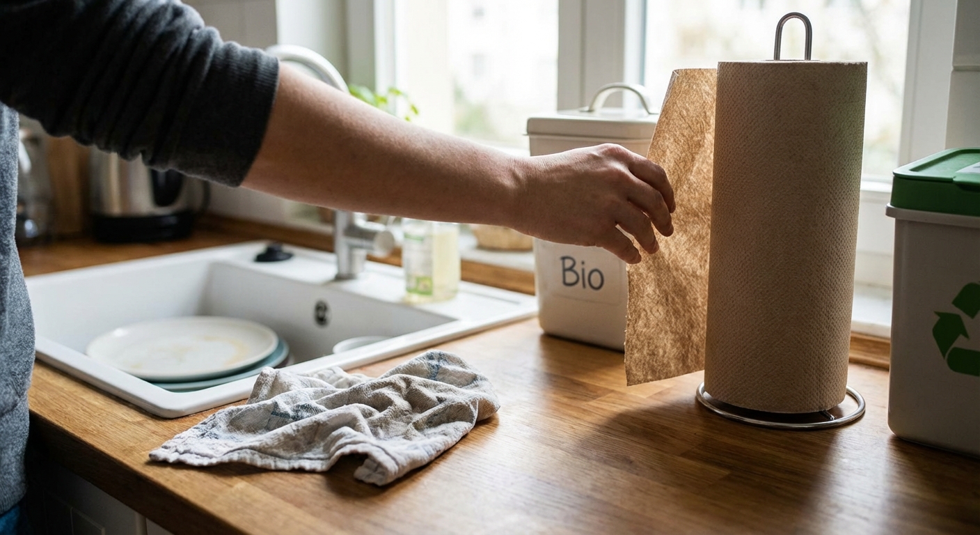 Close-up of gloved hands using disinfectant spray and cloth for cleaning surface.